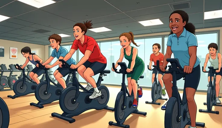  Cartoon Style，Pictures inspired by Naohisa Inoue, Pixiv competition winner, Serial art, there are many people on exercise bikes in a 健身房，background a gym, hedonic treadmill, healthy, Plenty of light, Natural soft lighting,