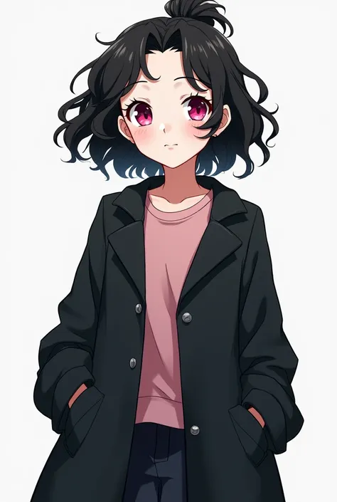 Short curly hair girl, pink eyes, White skin, black hair, black long-necked jacket that covers it completely, strong that she seems carefree, black hair and the drawing style is anime that she does not have bangs, lets her forehead be seen and gives detail...