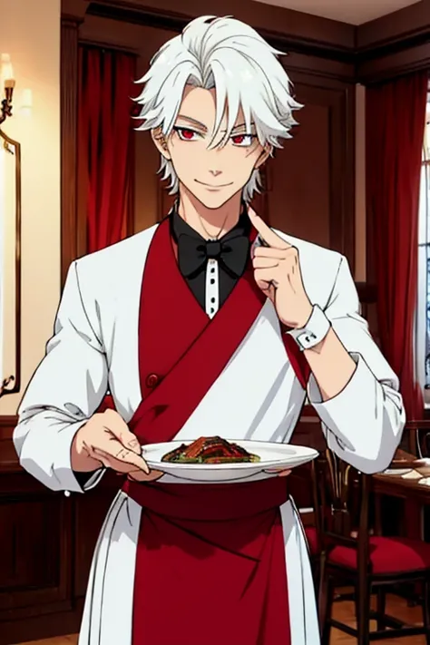 Perfect face. Perfect hands. A young white haired man with red eyes in a butler uniform is setting a table while smiling in a fancy maid cafe