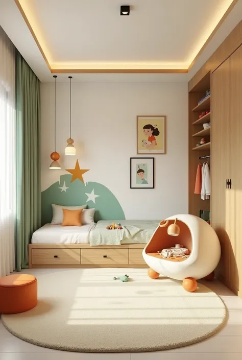 Professional 3d architecture rendering design of modern and   light moss and  so light Thunder and light cream and light orange  wooden   Modern and minimal  design for chid  bedroom  and light  cream   carpet  with animals painting and white painting wall...