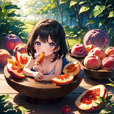 {{{Masterpiece, highest quality, high resolution background}}}, bright and beautiful atmosphere, one girl (, round face, baby face), small breasts, trees with many kinds of fruits, on a round table Various fruits are piled up, a girl is eating peaches, a m...