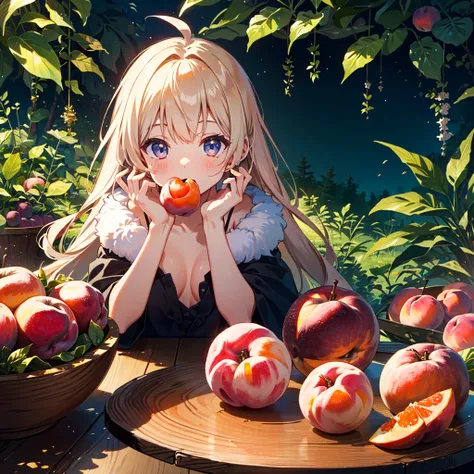 {{{Masterpiece, highest quality, high resolution background}}}, bright and beautiful atmosphere, one girl (, round face, baby face), small breasts, trees with many kinds of fruits, on a round table Various fruits are piled up, a girl is eating peaches, a m...