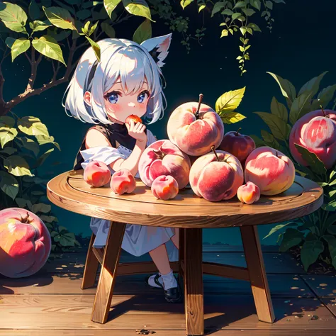 {{{Masterpiece, highest quality, high resolution background}}}, bright and beautiful atmosphere, one girl (, round face, baby face), small breasts, trees with many kinds of fruits, on a round table Various fruits are piled up, a girl is eating peaches, a m...