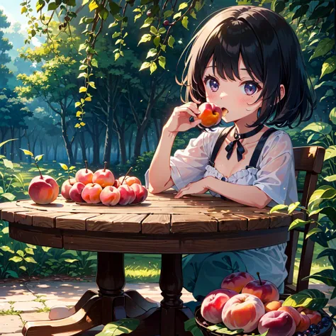 {{{Masterpiece, highest quality, high resolution background}}}, bright and beautiful atmosphere, one girl (, round face, baby face), small breasts, trees with many kinds of fruits, on a round table Various fruits are piled up, a girl is eating peaches, a m...