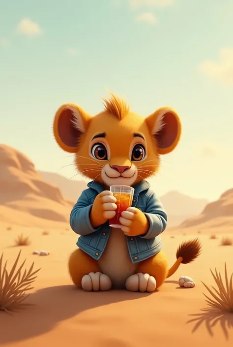 In the desert，A little lion in a denim jacket drinking a drink