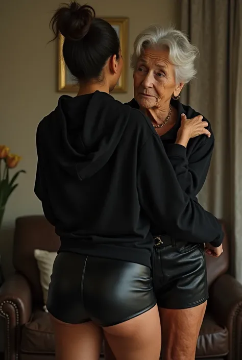 black woman hair in a bun black hoodie   black leather short shorts  being fucked in the ass by a old grandma in a dress
       