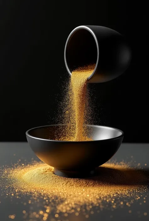 A black bowl pouring shining gold dust onto a table, 8k, intricate 