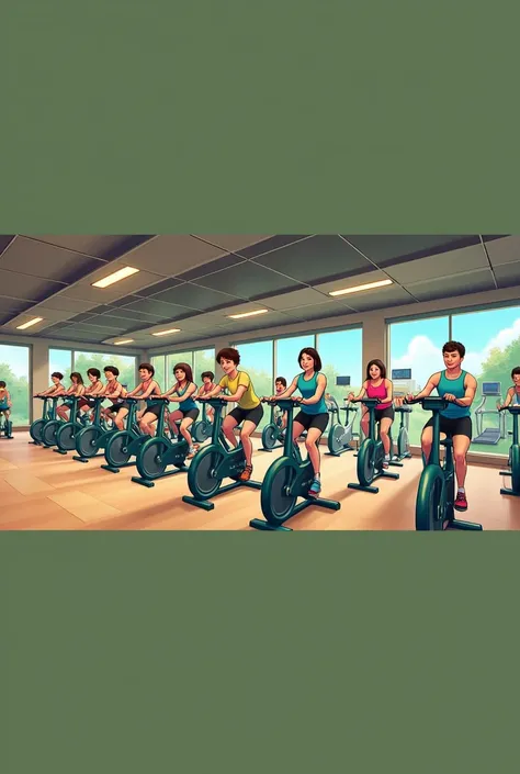 Cartoon，From yowamushi pickup, Published Artworks, Propaganda Art，there are many people on exercise bikes in a 健身房，background a gym, hedonic treadmill, healthy, Plenty of light, Natural soft lighting,