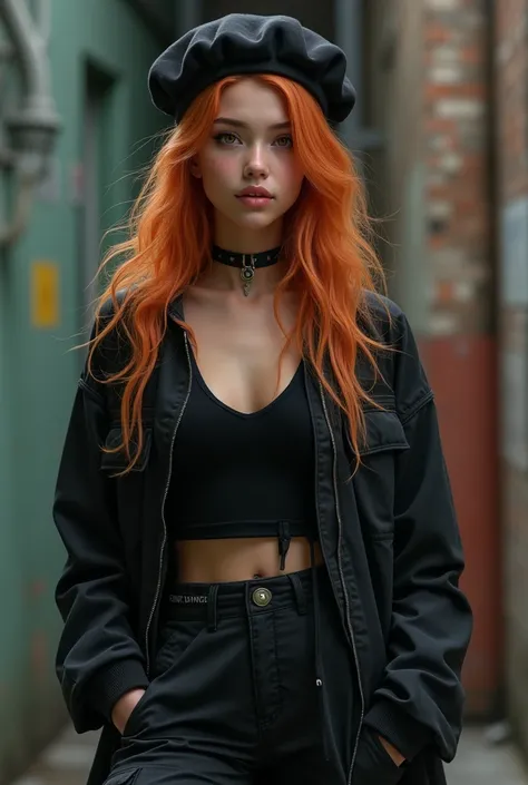 A young girl of approximately , with an approximate height of 1.67cm, long light orange hair, with Azel-colored eyes, face a little long, nose not very defined but pretty, hair with bangs, light pink lips and eyeliner like a cat eye, medium wavy hair, norm...