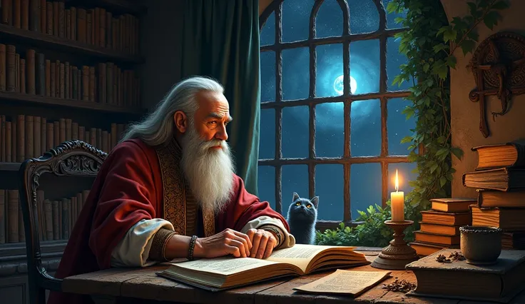 Michel Nostradamus in a temple with a table full of books from his time with a candle and a cat on the table, behind a bookshelf full of books and some plants, and he is looking at the starry sky through the window