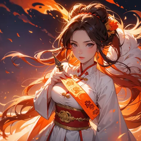 A beautiful female general holding a large spear in white ancient Chinese general costume, Surrounded by a volcano erupting, red and orange, surrounded by volcanic rocks, sunset, close up.