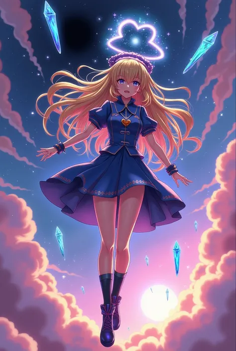 (Masterpiece:0.7), The best quality, illustration, 1Dark Magician Girl, short skirt, shirt, Footwear, Necklace with a broken heart, out, black hole in the background, stars, space, in bed, The best quality, high resolution, extremely detailed, detailed bac...