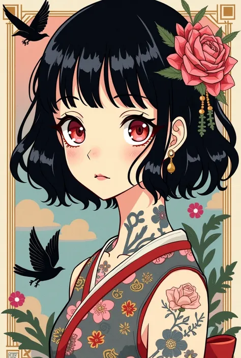 ((best quality)), ((masterpiece)), (detailed), ((perfect face of [Nezuko Komado] from Kimetsu No Yaiba)), black hair, pink eyes, surreal, art nouveau, sparrows, fantasy, sci-fi, line drawing, japanese, traditional, vintage, elegant, chic, sophisticated, ta...