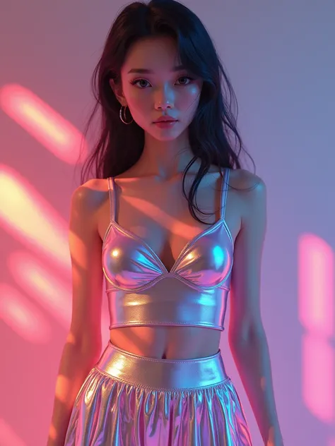 Full body view, a girl wearing a tank top and skirt highly reflective and shiny, appears like a transparent plastic but not actually transperent, the dress reflects glares of pink and blue colors, the cloth that reflects rainbow colors, beautiful detailed ...