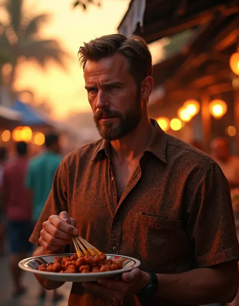 Nice and friendly [Steve Rodgers:Chris Evans:0.1] wears batik, he orders lamb satay at Indonesian street food market place at late afternoon with beautiful sunset