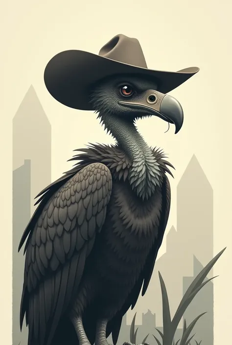 Generate a vulture with a cowboy hat and a minimalist mustache in a single color and in a surrealist style that is made up of shapes and points without touching each other but giving it a realistic touch.