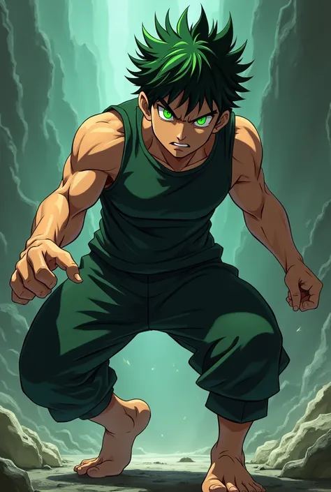 anime boy, stocky body, authoritarian gaze, black and neon green fade hair, jungle green eyes, serious expression, Whole body, side view, anime style, dramatic lighting, dynamic pose, extended arm, Tense muscles, tight sportswear, barefoot, heels slightly ...