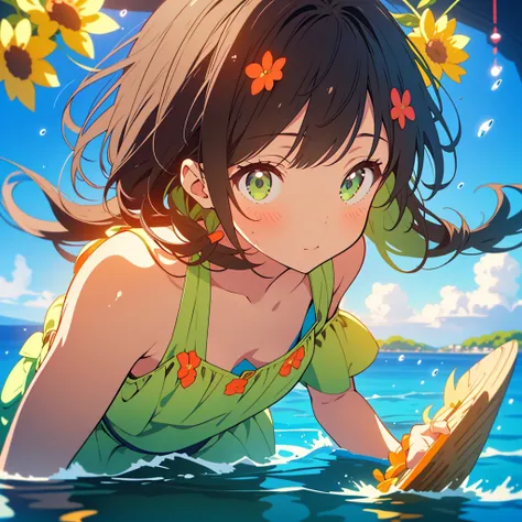 kawaii, anime, Cute, hyper quality, highly detailed, 8k, Clarity, Draw facial expressions in detail, Girl with long dark brown hair and green eyes, swimsuit, whole body, Dynamic feeling, underwater, bottom of the sea, ocean floor, light shines in, blisters...