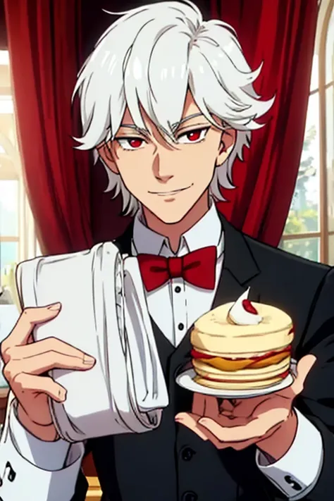 Perfect face. Perfect hands. A young white haired man with red eyes in a butler uniform is serving scones while smiling in a fancy butler cafe