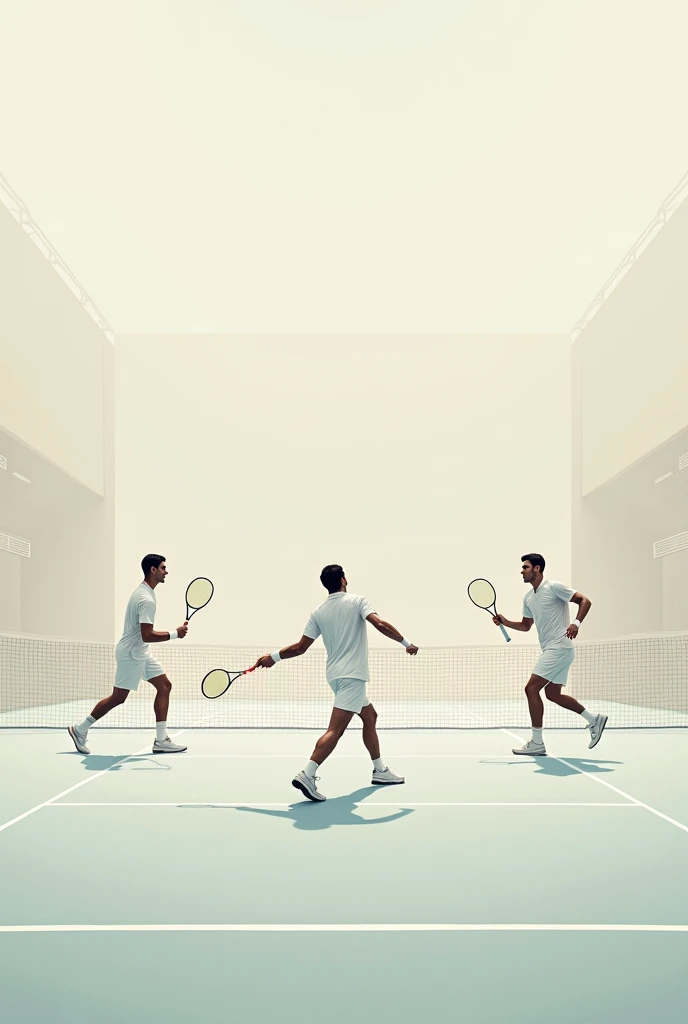 Minimalist square-sized image of Novak Djokovic with Sinner and Nadal, playing a game. In the background a tennis court, with soft and pretty colors, with the English phrase of Novak Djokovic: “The winner is the one who believes in victory more”. It is imp...