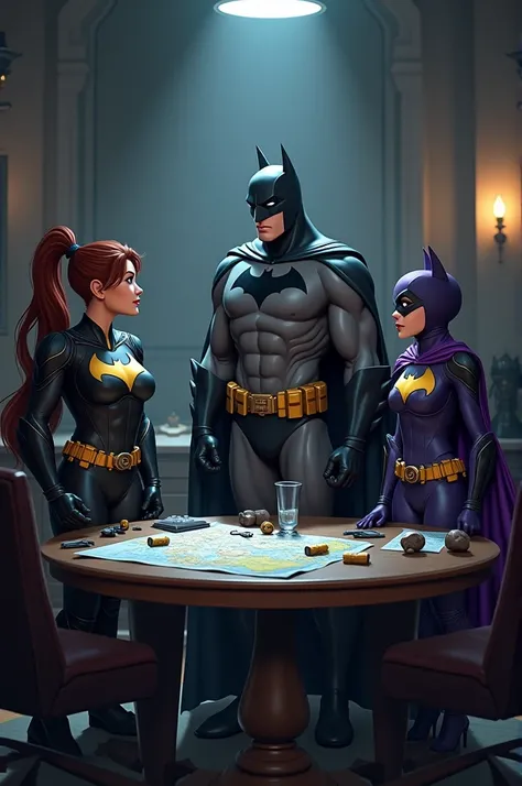 Batman talking to a female superhero and a Batgirl at a table animated