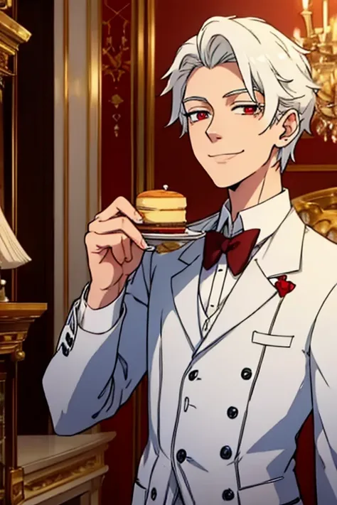 Perfect face. Perfect hands. A young white haired man with red eyes in a butler uniform is serving scones while smiling in a fancy butler cafe