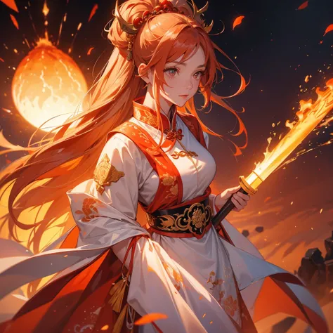 A beautiful female general holding a large spear in white ancient Chinese general costume, Surrounded by a volcano erupting, red and orange, surrounded by volcanic rocks, sunset, close up.