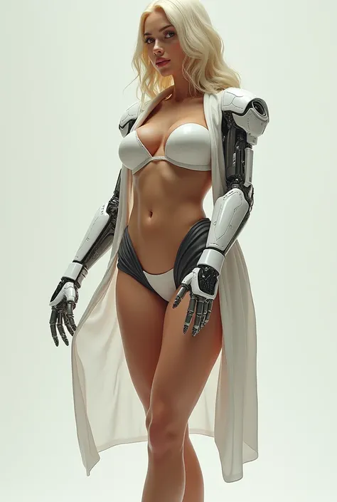 



"Generate an image of a Latina woman with light blonde hair and a toned physique, incorporating both human and robotic features. She has very large breasts and a large butt, wearing a long, open, silky robe that reveals her breasts.