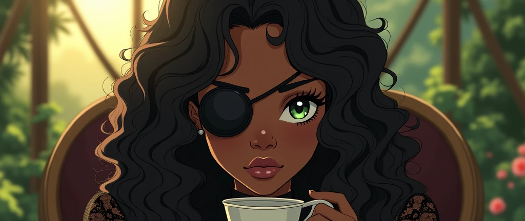 Make anime style. From a BLACK woman with long black curly hair, green eyes wearing a black Victorian dress and covering the body, with a left eye patch, and some moles on the face. Having afternoon tea outdoors 