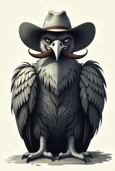 Generate a vulture with a cowboy hat and a mustache in a single color as a logo for a brand and make the style surreal 