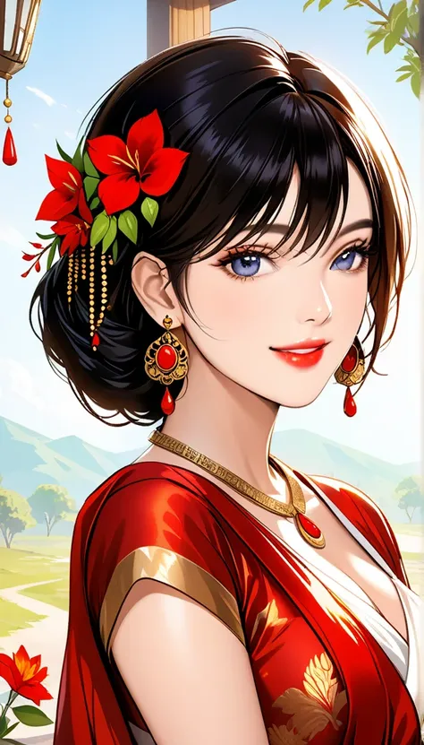 A beautiful mature woman in a ancient plain silk saree, intricate jhumka earrings, detailed alluring eyes, smooth lips, smiling, red lipstick, exposed navel, bangles,  saggy breasts,  vibrant colors, intricate details, short hair