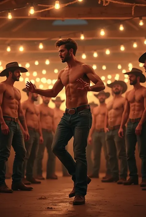 A cute handsome gay man dancing at a cowboy party while other men watch him shirtless cute white skin 