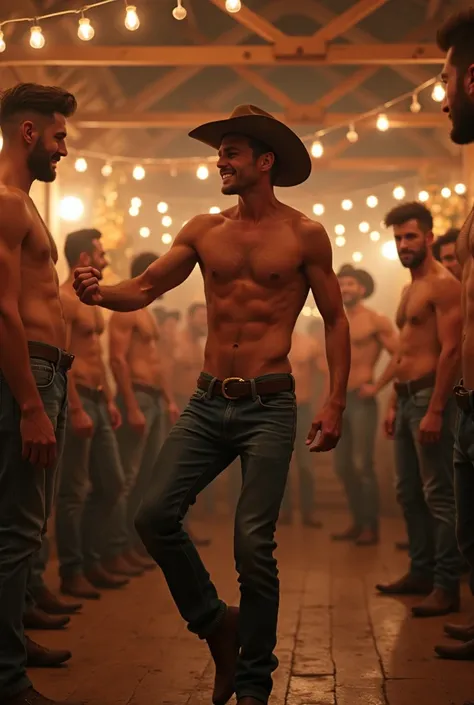 A cute handsome gay man dancing at a cowboy party while other men watch him shirtless cute white skin 