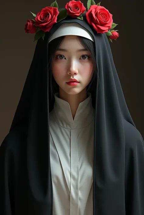 Animated Santa Rosa de Lima add a black cloak, put more roses on her, put a white dress and a black cloak on her like a nun, put a headband of roses on her, make her more adult, MORE SERIOUS AND SHE LOOKS MORE LIKE A NUN, FRIEND, NOT SO SERIOUS, not so you...