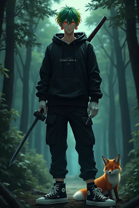 Man with green hair and yellow tips and red eyes with 1 katana, with a black hooded sweatshirt and soft black pants with white gloves, dark skin tone, but of course, with a psychopathic look, with black and white tennis shoes and 2 small knives, with a fox...