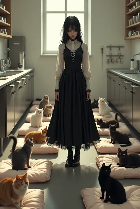 A girl in gothic clothing inside the vet arranging 15 cats on beds as a shelter 