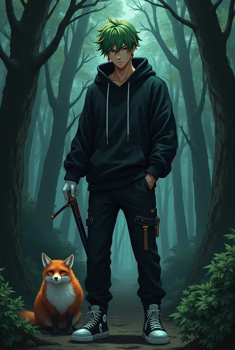 Man with green hair and yellow tips and red eyes with 1 katana, with a black hooded sweatshirt and soft black pants with white gloves, dark skin tone, but of course, with a psychopathic look, with black and white tennis shoes and 2 small knives, with a fox...