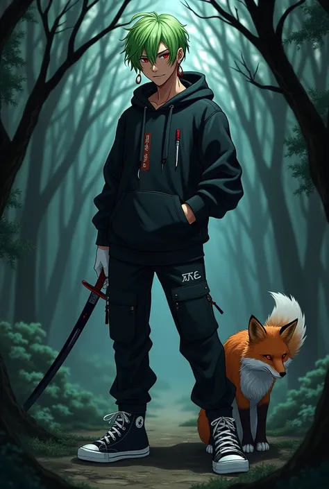 Man with green hair and yellow tips and red eyes with 1 katana, with a black hooded sweatshirt and soft black pants with white gloves, dark skin tone, but of course, with a psychopathic look, with black and white tennis shoes and 2 small knives, with a fox...