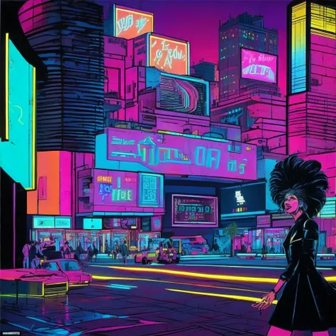 a vibrant 1980s city street, bustling with neon lights and electronic billboards. in the foreground, a bold figure with big hair...