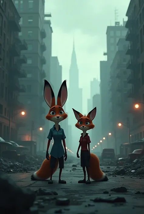 Judy the rabbit and Nick from Zootopia sad and alone because they couldn&#39;t save the city in ruins

