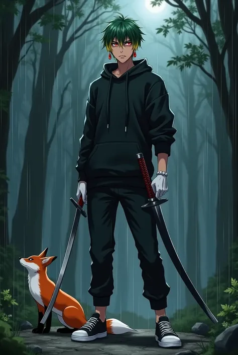 Man with green hair and yellow tips and red eyes with 2 katana, with a black hooded sweatshirt and soft black pants with white gloves, dark skin tone, but of course, with a psychopathic look, with black and white tennis shoes and 2 small knives, with a fox...