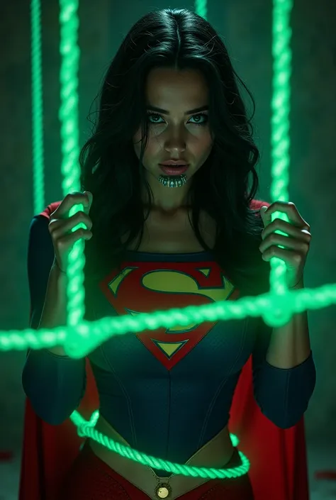 A PERIL BONDAGE SCENE WHERE A HOT SUPERGIRL WITH LONG BLACK HAIR WEARING HER ICONIC SUPERGIRL OUTFIT AND CAPE, TIED DOWN TO A CHAIR WITH GLOWING GREEN KRYPTONITE ROPE, A BALL GAG SITS IN HER MOUTH, HELPLESS,CRYING. INCREDIBLE DETAILS, HYPER DETAILED IN 8K ...