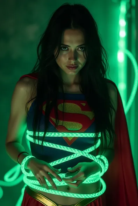 A PERIL BONDAGE SCENE WHERE A HOT SUPERGIRL WITH LONG BLACK HAIR WEARING HER ICONIC SUPERGIRL OUTFIT AND CAPE, TIED DOWN TO A CHAIR WITH GLOWING GREEN KRYPTONITE ROPE, A BALL GAG SITS IN HER MOUTH, HELPLESS,CRYING. INCREDIBLE DETAILS, HYPER DETAILED IN 8K ...