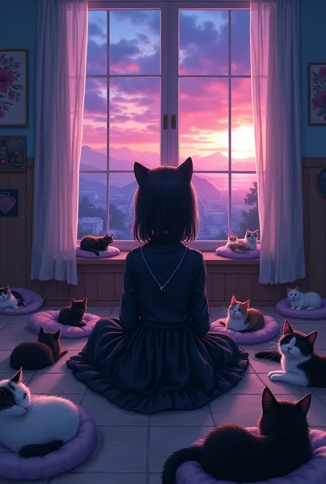 A girl in gothic clothing inside the vet arranging 15 cats in beds as a shelter and outside the window a purple and blue sunset 