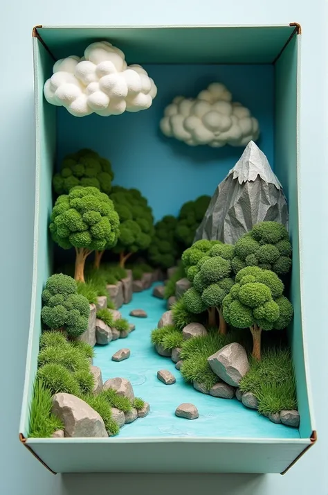 Shoebox model of an installation on acid rain and pollution, that on the right side there is a 3d mountain and on the left side a type of river and bushes, On the top there are clouds and the walls of the box painted like a sky suitable for the theme and o...