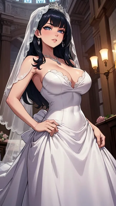 Pose: 1girl, masterpiece, highres, sonicedges_rias_gremory standing with one hand on her hip, the other arm hanging loosely or playing with her hair.
Expression: Soft, confident smile with eyes looking into the camera.
Attire: Elegant ((wedding dress, brid...