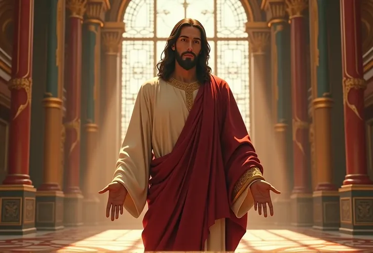 draw jesus christ, One , with beautiful skin and brown eyes. inside the temple. in front of the camera .4k, Very detailed.