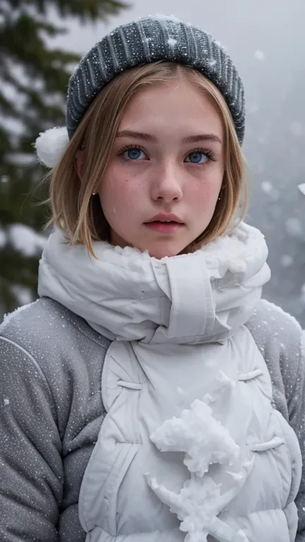 (realistic),18 yo blonde teen girl . Full lips. Eyes wide. Very short hair,  well-trained body, (( sweaty skin)),  short hair, determined face,  blowing hair,  (Cold style:1.1) (Gloomy winter snow:1.4)