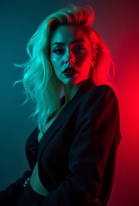 Portrait of Lady Gaga with blue-green lights illuminating most of it and red lights coming from below in a studio with an empty background