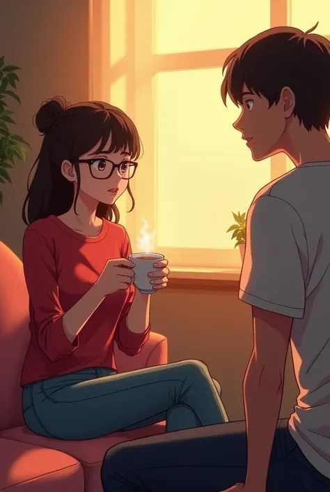 Illustrate an anime-style moment where Sophia, a woman in red shirt jeans and spectacles sitting on the sofa, hesitates before speaking to Jake. She’s holding a cup of tea with both hands, her eyes slightly downcast as she gathers the courage to speak. Jak...